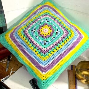 Vintage Handmade Crochet Pillow - bright pastels Gray granny squares/18.5”square
